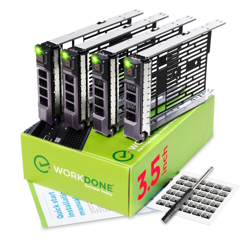 WORKDONE 4-Pack - 3.5 inch Hard Drive Caddy - Compatible for Dell PowerEdge Selected 11-13th Gen. Servers - with Detailed Installation Manual - Sled Front Sticker Labels - Screwdriver - Image 1